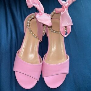 Pearl-Trim Pink Satin Tie Women’s Sandals